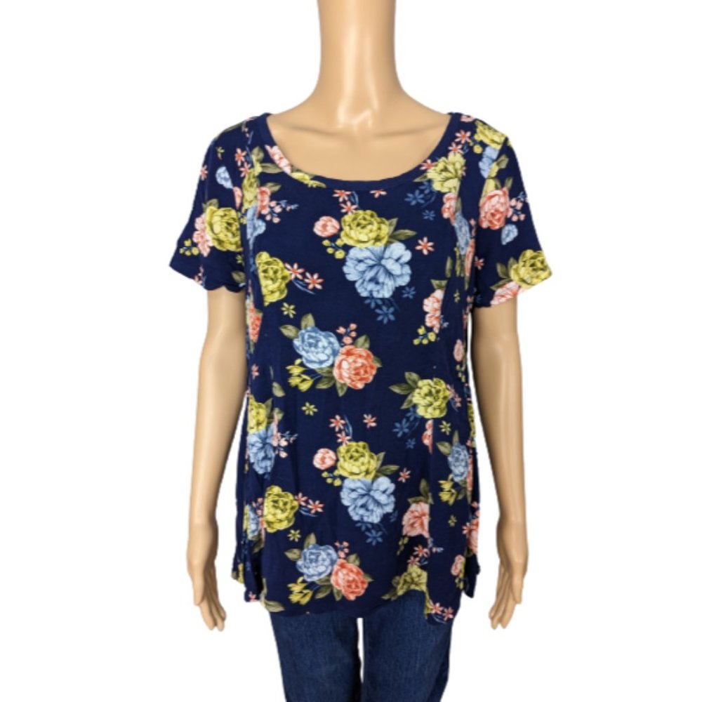 Torrid Navy Blue Floral Print Fit And Flare Stretch Challis Top 0